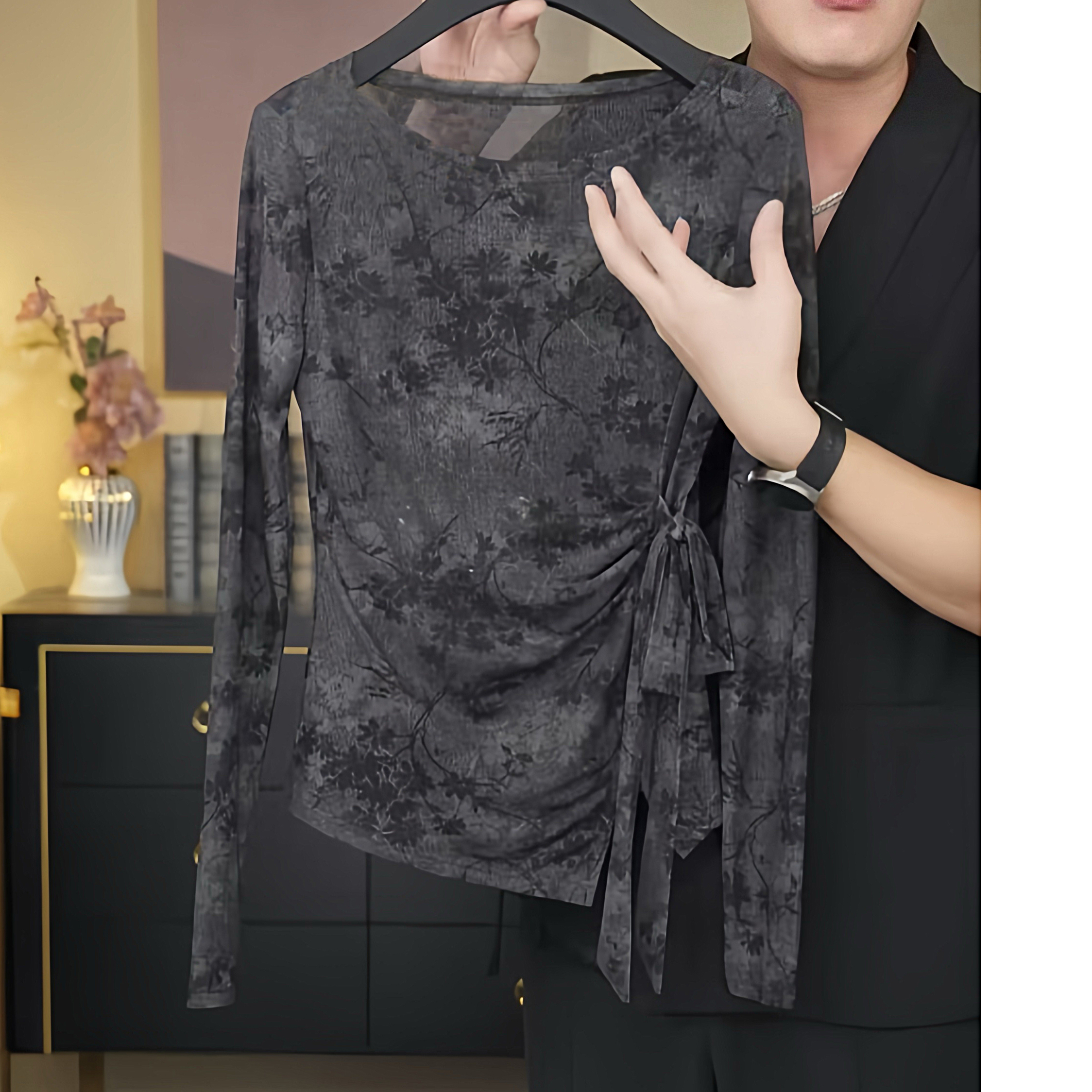 【烟枝束影】2025新款高级感印花长袖绑带蝴蝶结设计感显瘦T恤女潮