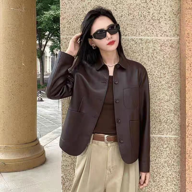 【单里衬】海宁正品短款皮衣女2025春秋季新品皮夹克翻领小个子外套