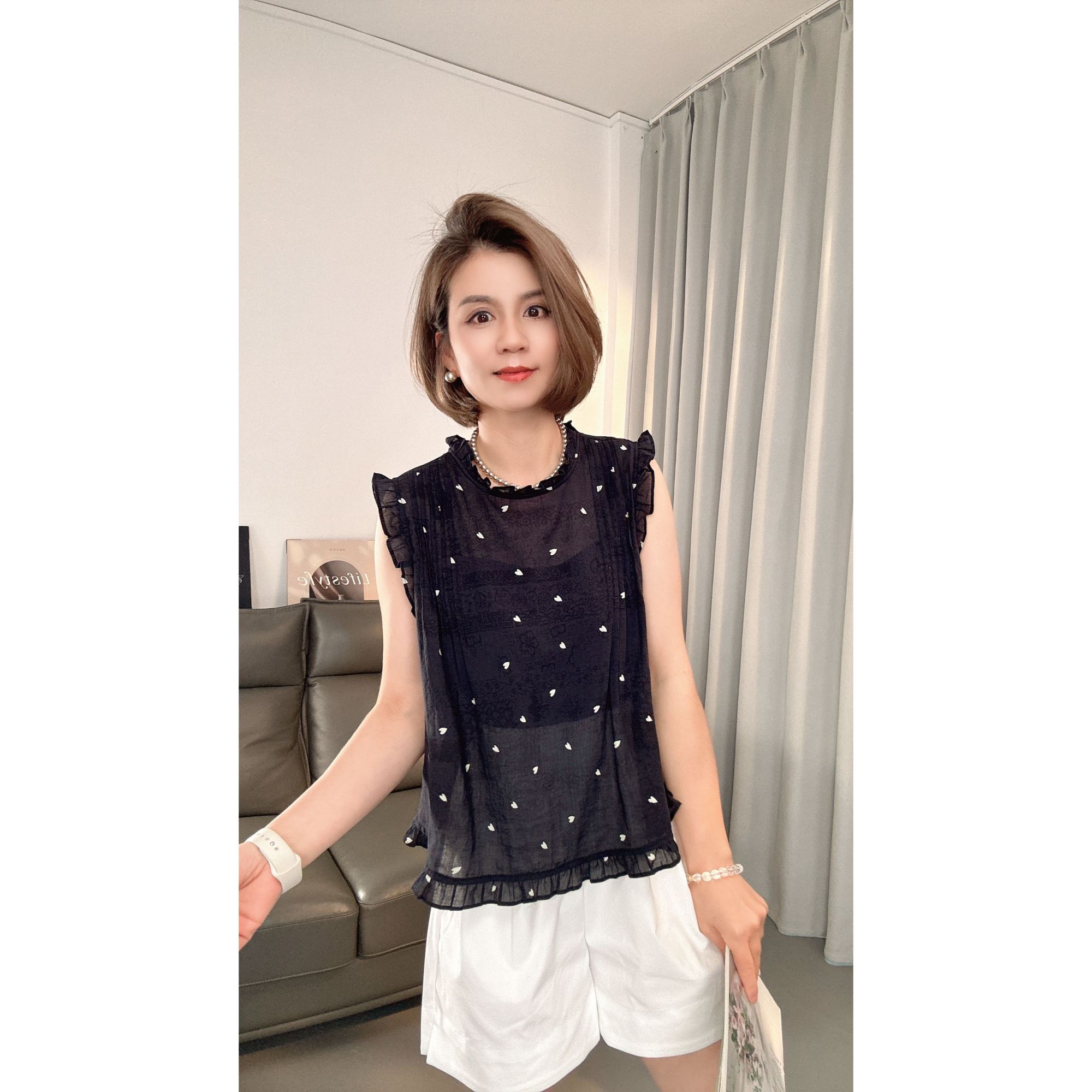 【韩玖薇】夏季爱心提花木耳边设计减龄百搭显瘦气质无袖T桖【6151】