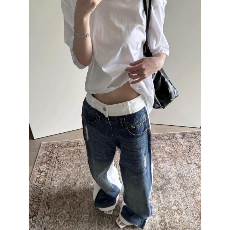 美式复古水洗蓝白拼接牛仔裤男女潮牌宽松设计感百搭直筒休闲长裤