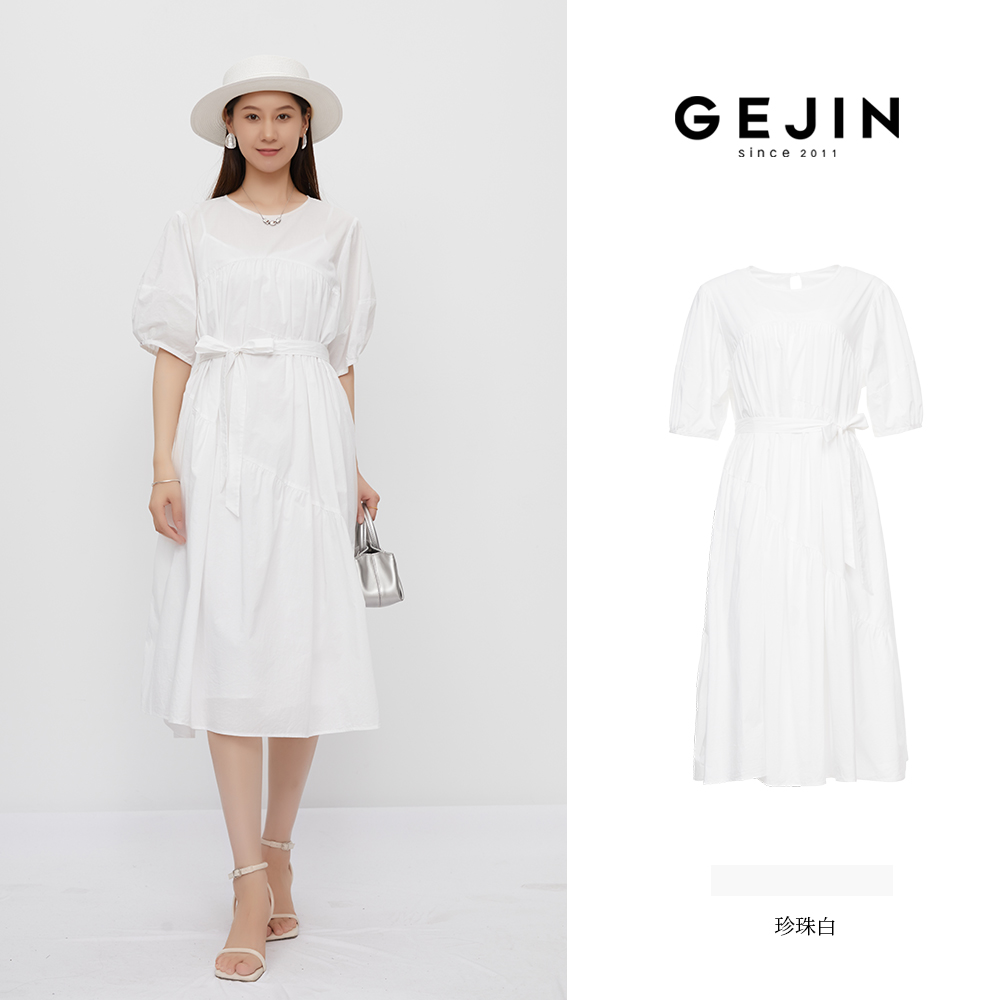GEJIN/歌锦泡泡袖抽褶洋装白色气质连衣裙附带内搭裙GJ22552563