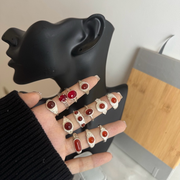 925银银制品 纯银925透明红色系戒指