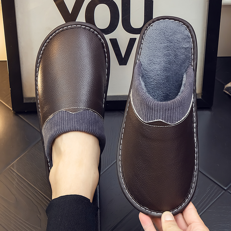 真皮牛皮男女情侣居家室内秋冬季防滑保暖加厚底防水棉拖鞋