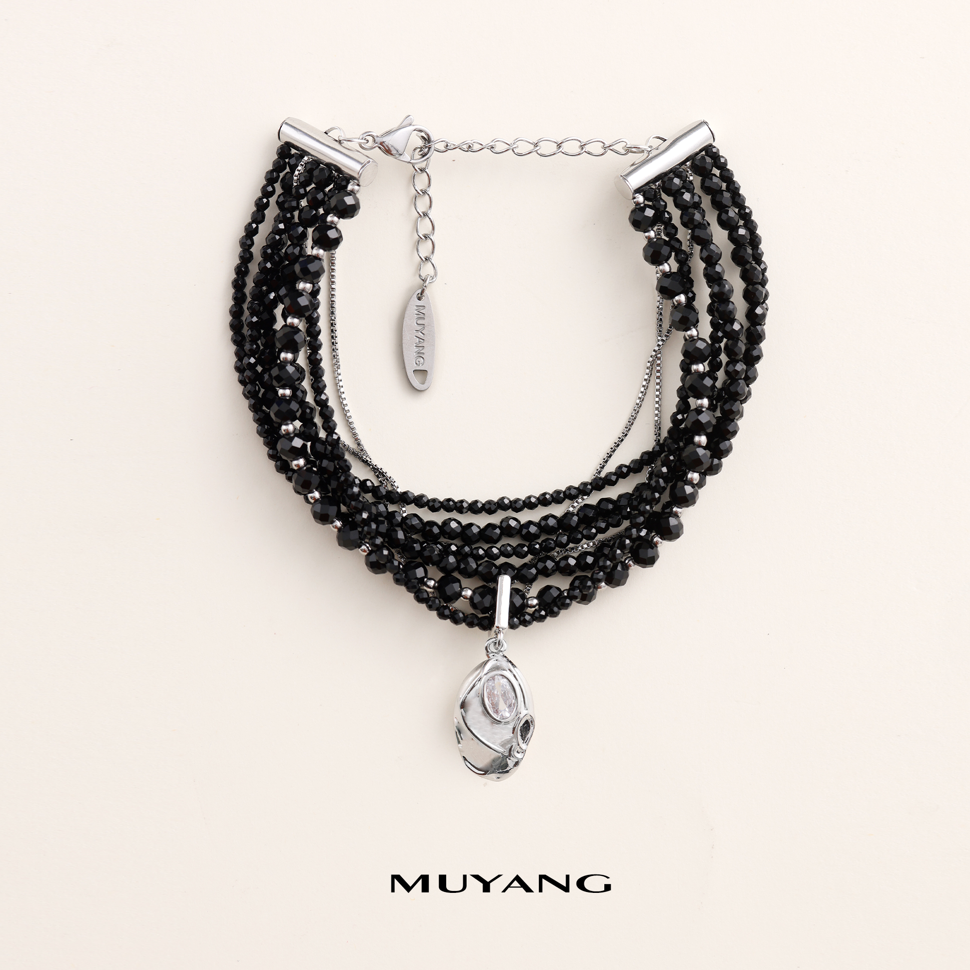 muyang/慕阳 铜合金琉璃手链 气质黑色时尚多层银色玄苞手链串珠