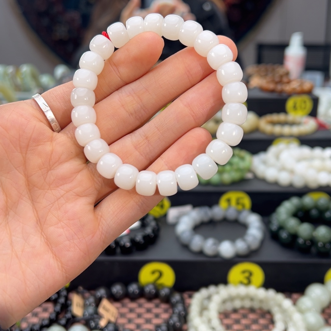 未镶嵌手串和田玉且末料天泰白玉算盘珠手串卡8*10