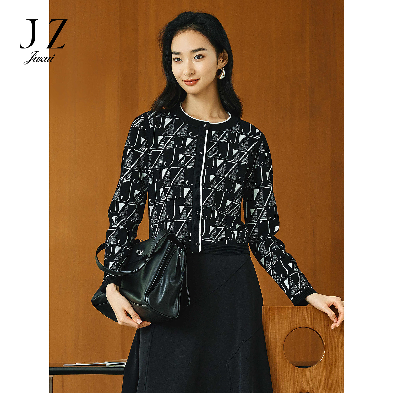 JZ玖姿JWFC30616商场同款经典老花羊毛提花针织开衫女2025春季款