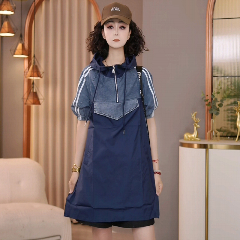 8780-12089夏季连衣裙2024宽松休闲时尚拼接牛仔连帽裙女