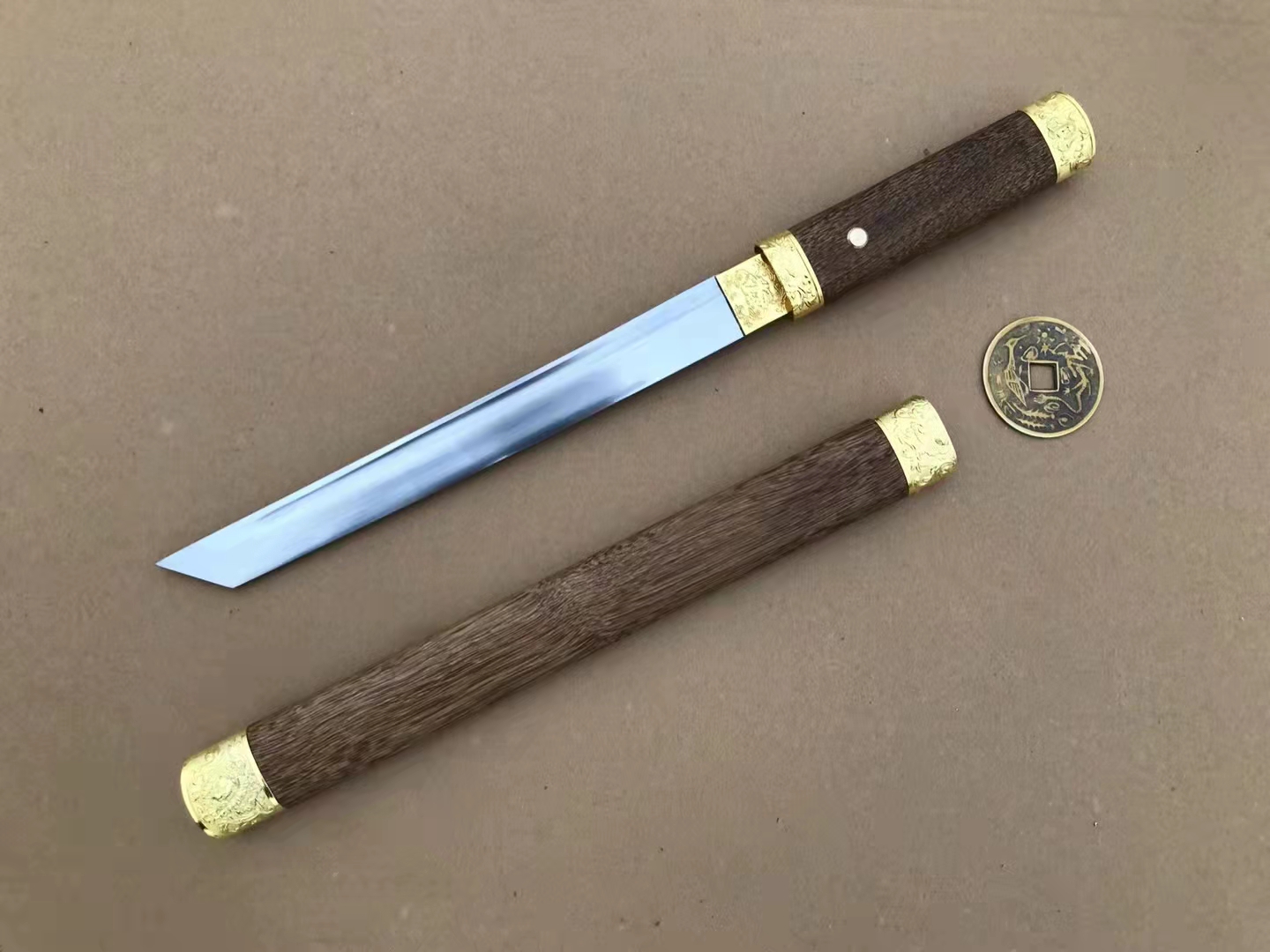 【牡丹唐横短刀】高性能锰钢花梨木木文玩收藏（未开刃）