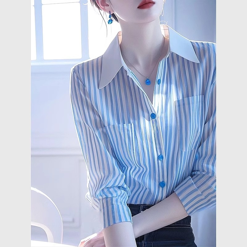 法式高级感蓝色条纹polo领长袖衬衫女早春新款简约超好看漂亮上衣