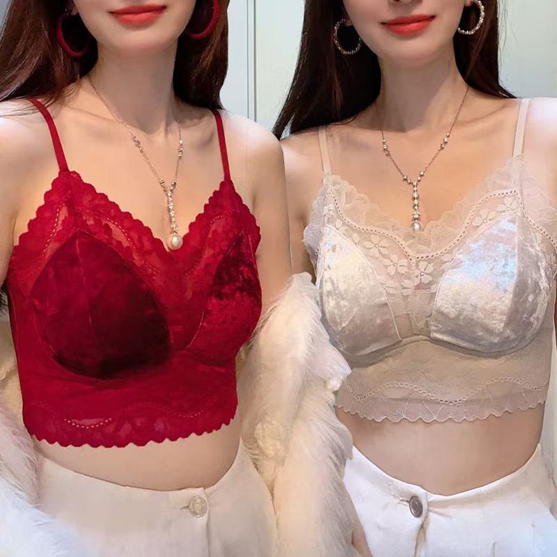媚姬8330 吊带背心女小胸聚拢舒适丝绒蕾丝打底内搭一体胸垫内衣