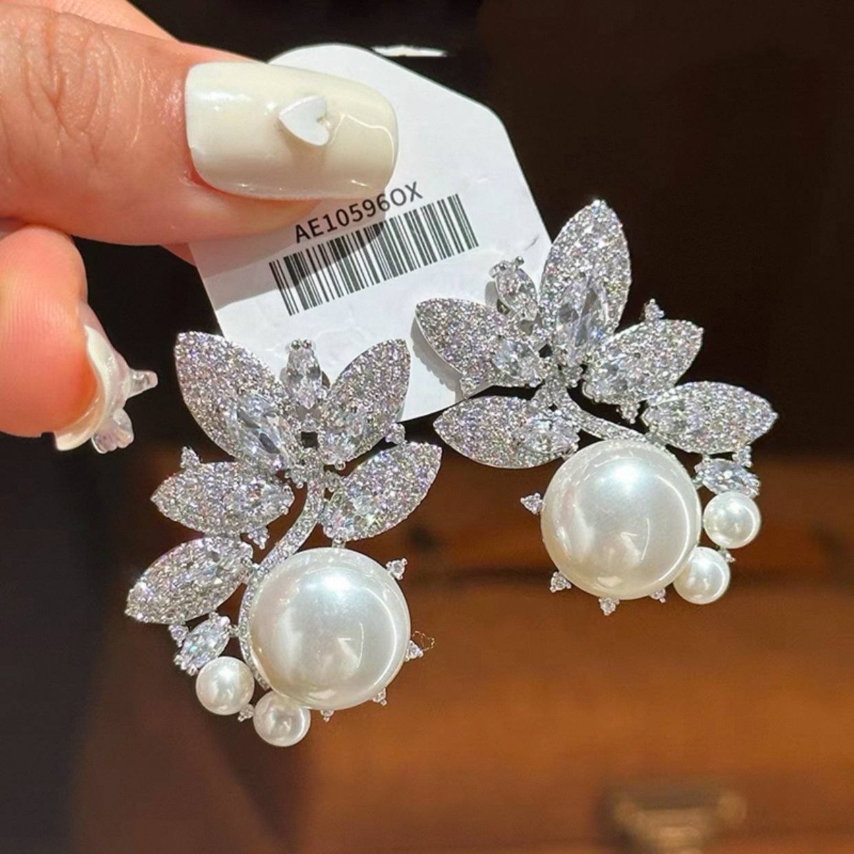 铜合金锆石耳饰  2740-0122新款锆石树叶珍珠耳环法式叶子树耳饰