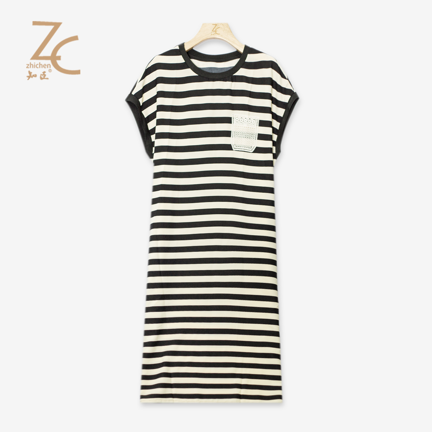 知臣夏季新品 经典条纹圆领宽松长款连衣裙女 T25852121
