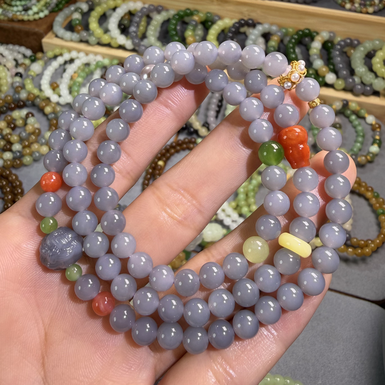 特色紫罗兰和田玉烟紫6mm三圈手链项链原创设计时尚百搭显气质