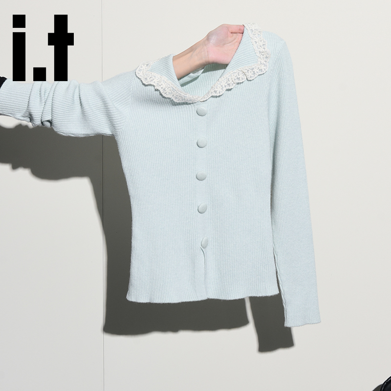 韩系浅蓝减龄娃娃领针织衫气质蕾丝翻领单排扣修身长袖上衣K1-99