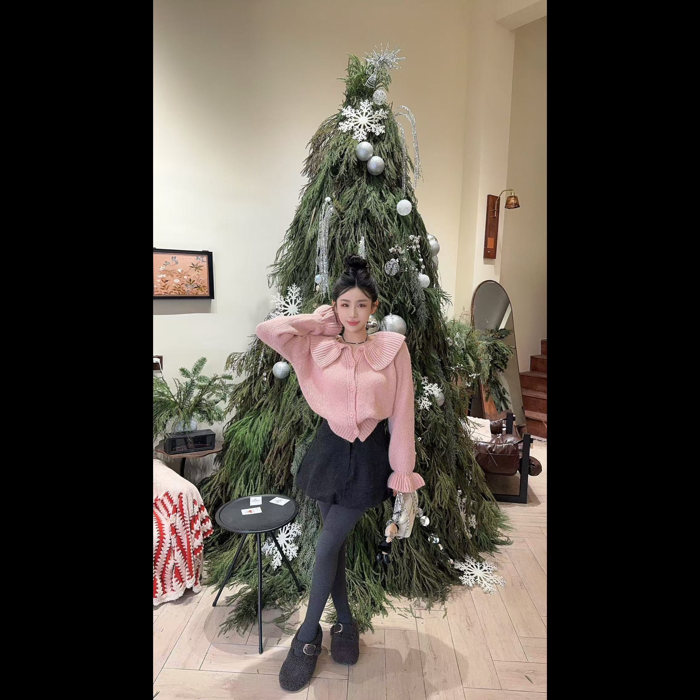 LIN-【粉糯甜桃】翻领花瓣袖粉毛衣➕定制毛呢深灰花苞裙裤