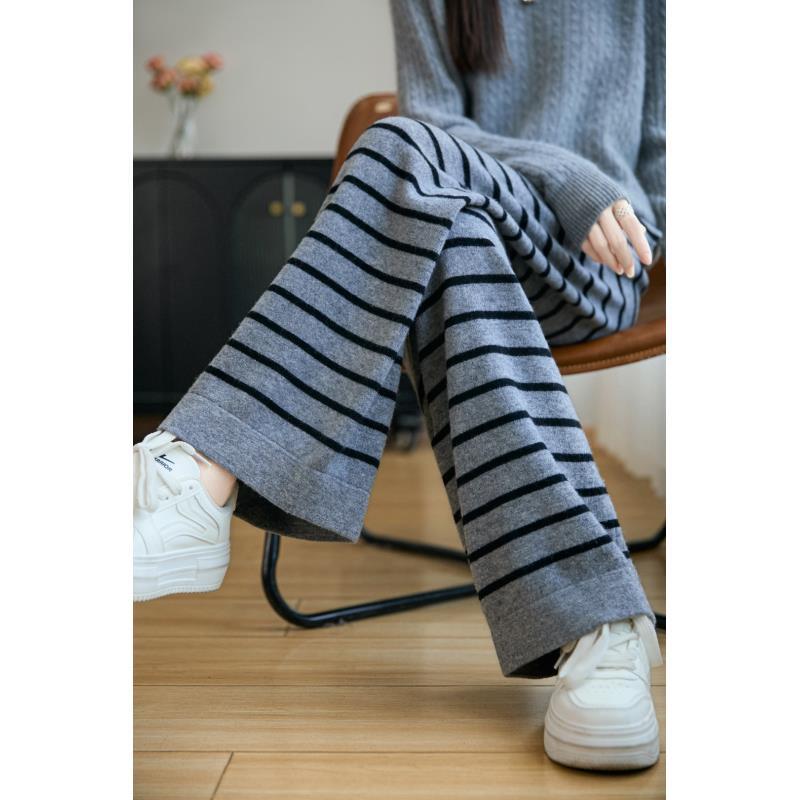100%羊毛秋冬直筒裤条纹针织高腰休闲裤百搭阔腿裤长款卫裤D396