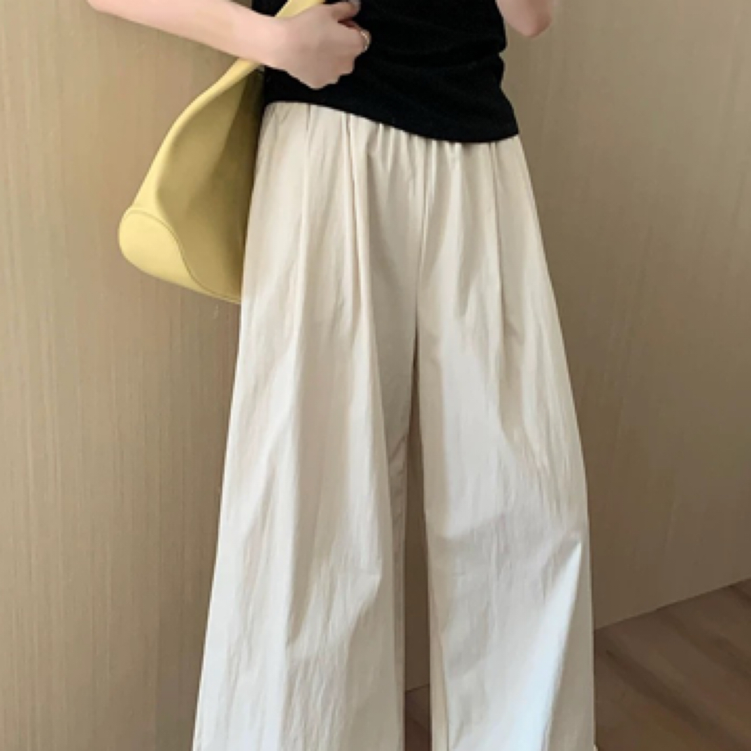 蕾丝花边拼接松紧高腰休直筒九分裤