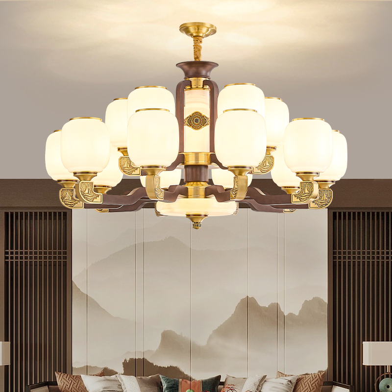 一帆风顺新中式复古玉石吊灯家用国风禅意大气客厅餐厅灯