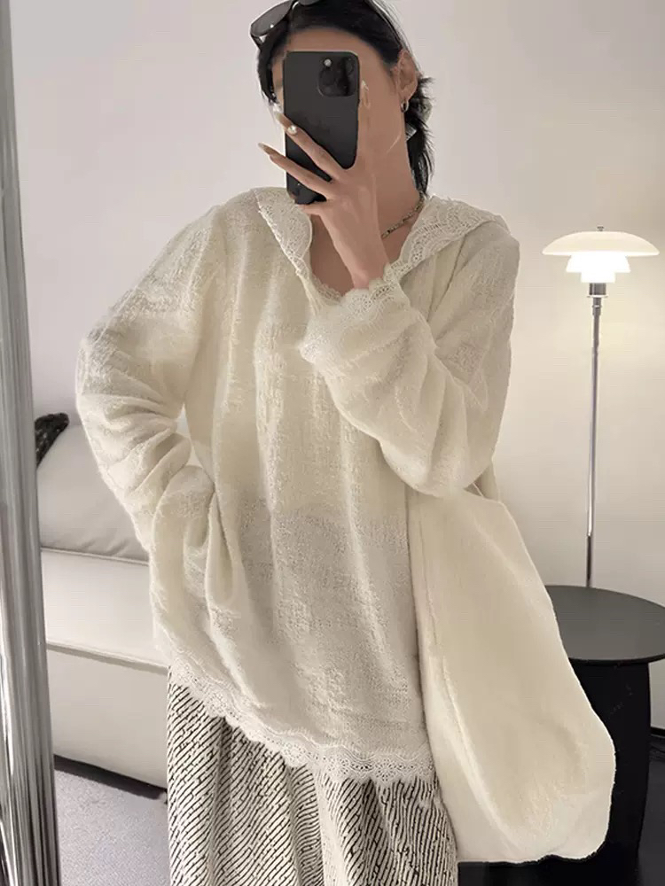 小妖精大码女装蕾丝休闲风纯色宽松连帽慵懒风韩版御姐