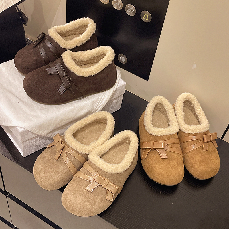 蝴蝶结厚底勃肯鞋女2025新款秋冬加绒保暖棉鞋一脚蹬懒人豆豆鞋子