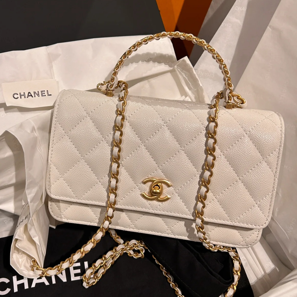 99新 Chanel/香奈儿 编织手柄woc白色牛皮单肩包 芯片款41533