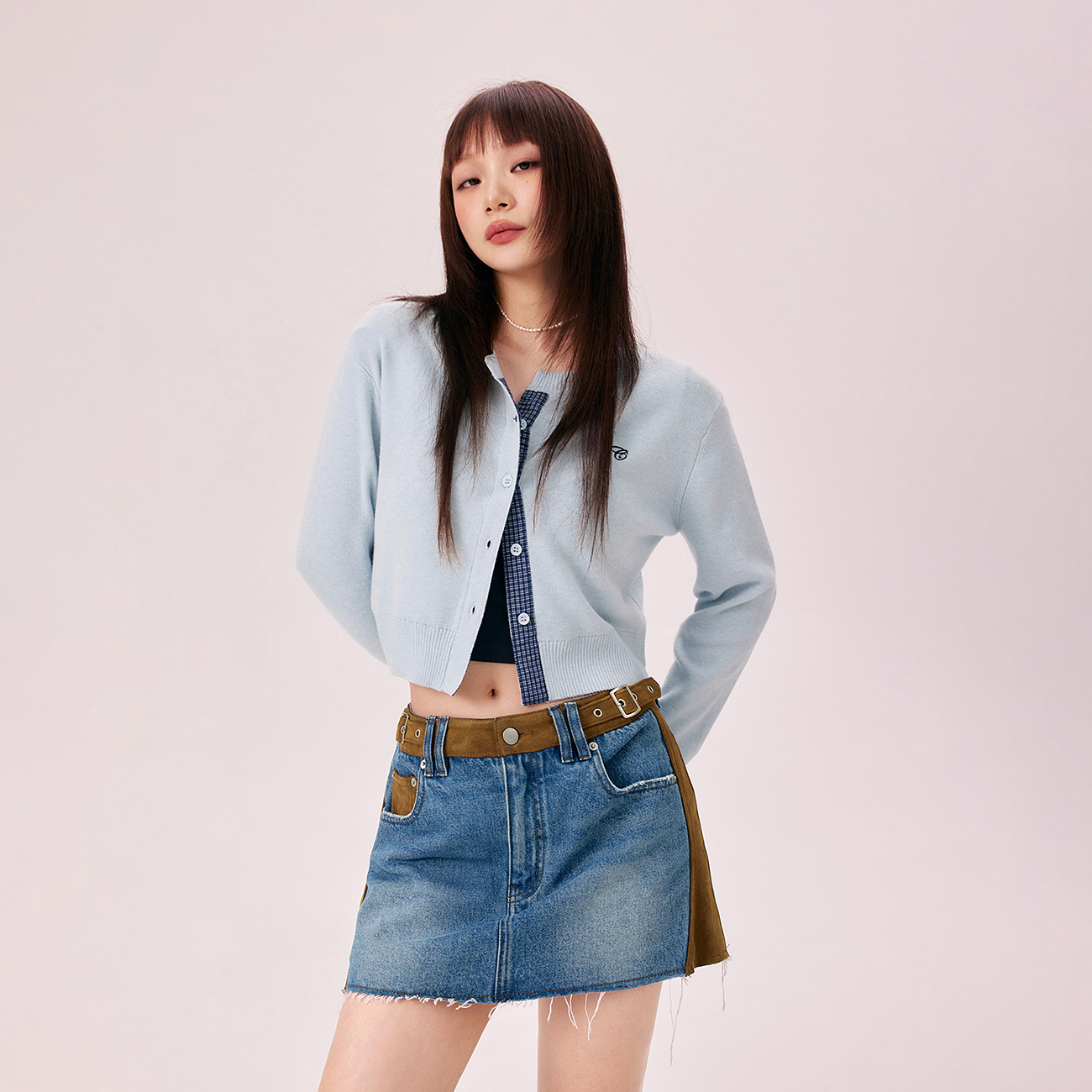 CHUU秋季女装格纹拼接韩系学院风穿搭简约职场风开衫针织衫