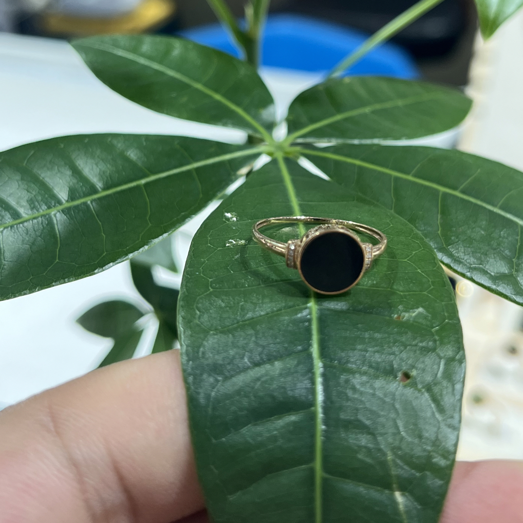 缅甸翡翠A货墨翠，女戒18K金镶嵌