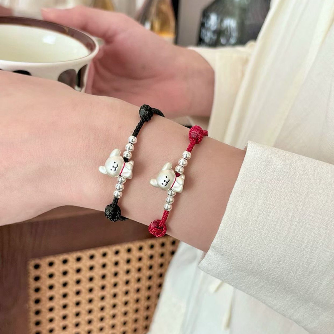 足银手链 999纯银线条小狗绳编手绳情侣款手链学生送闺蜜女友礼物