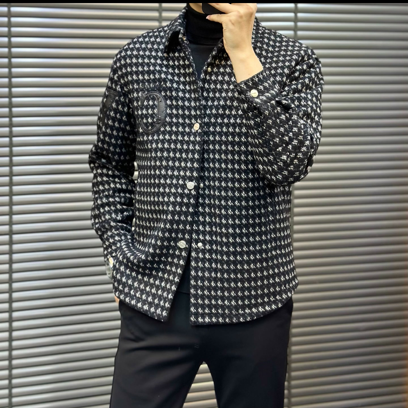 小雨男装｜冬季高奢品时尚千鸟格羊毛羽绒夹克JK