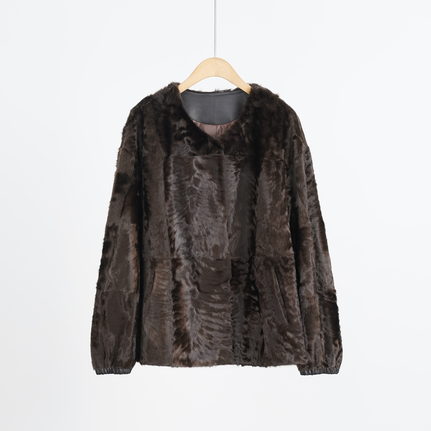 金羔湖羊波光粼粼高贵优雅奢华圆领绵羊皮毛外套（252065）2959