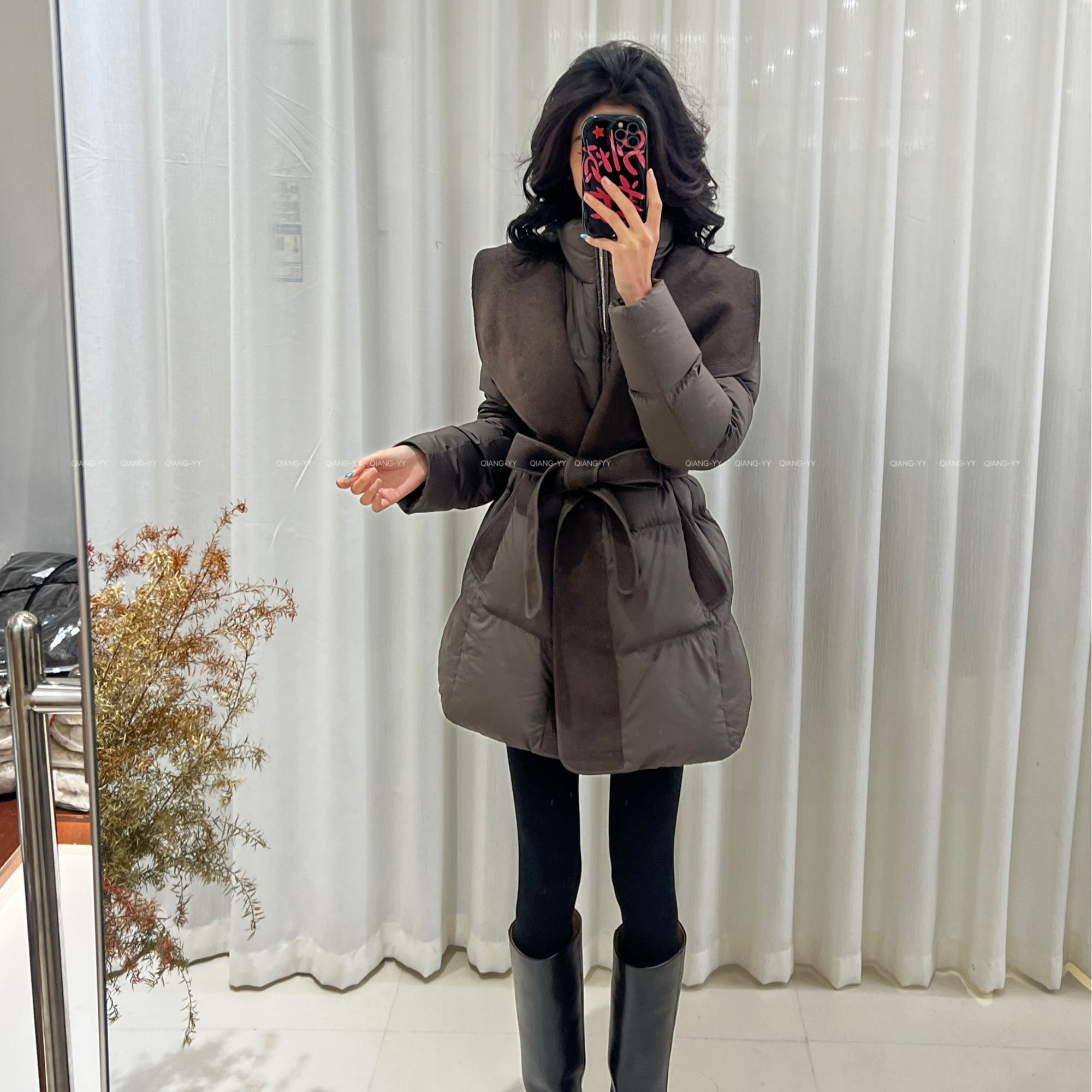 收腰法式女士白鸭绒外套设计师时尚羽绒服中长款370