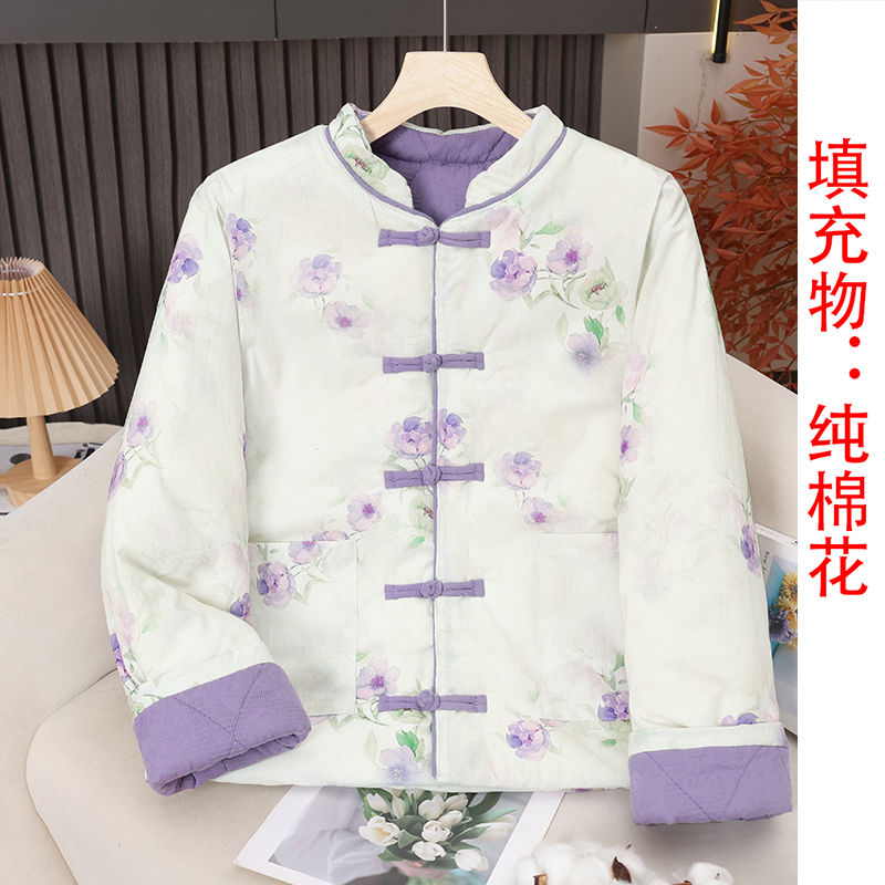 新中式立领盘扣印花加棉棉服女冬季新款宽松保暖棉袄外套2025洋气