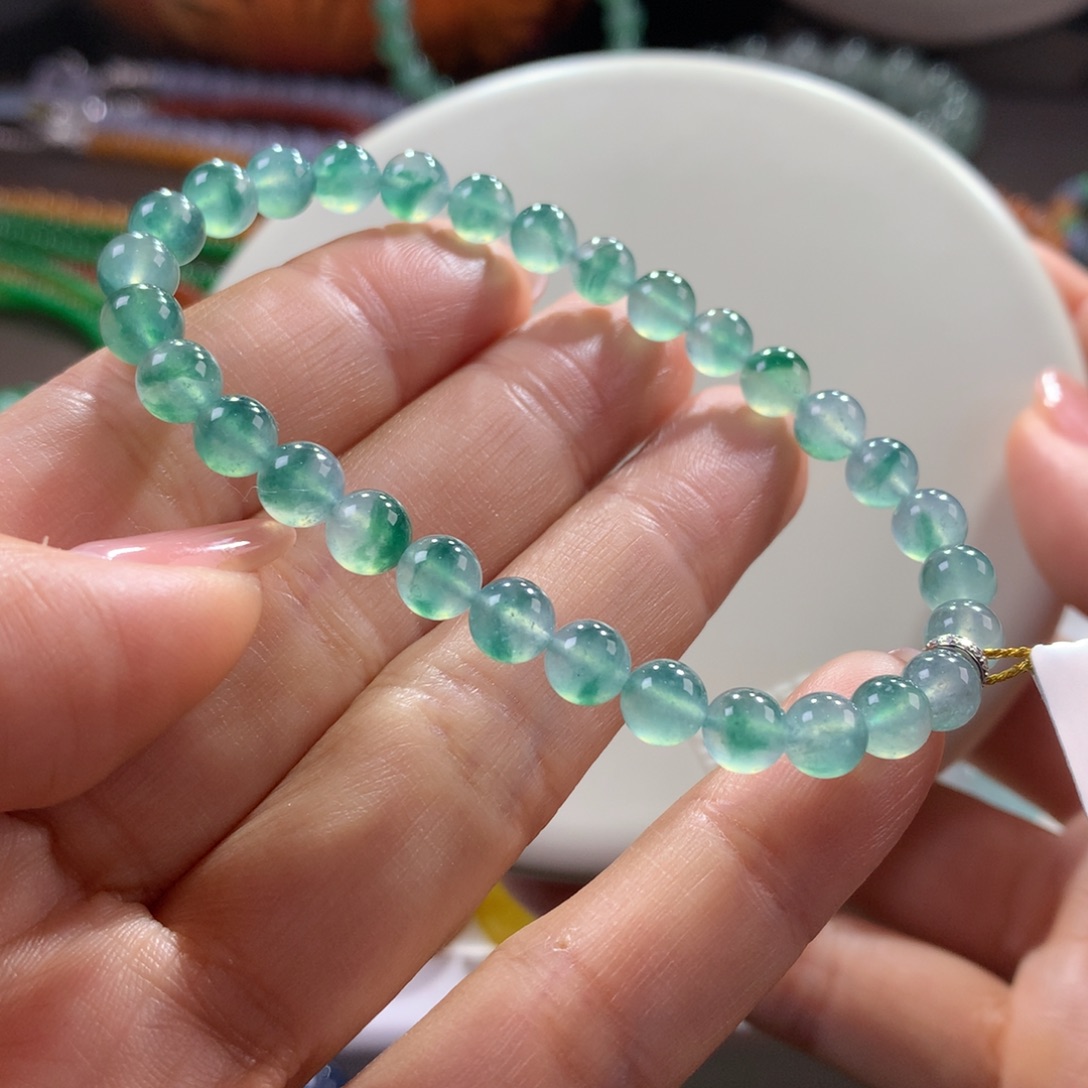 翡翠未镶嵌手链冰飘花孔雀蓝色系卡5.9