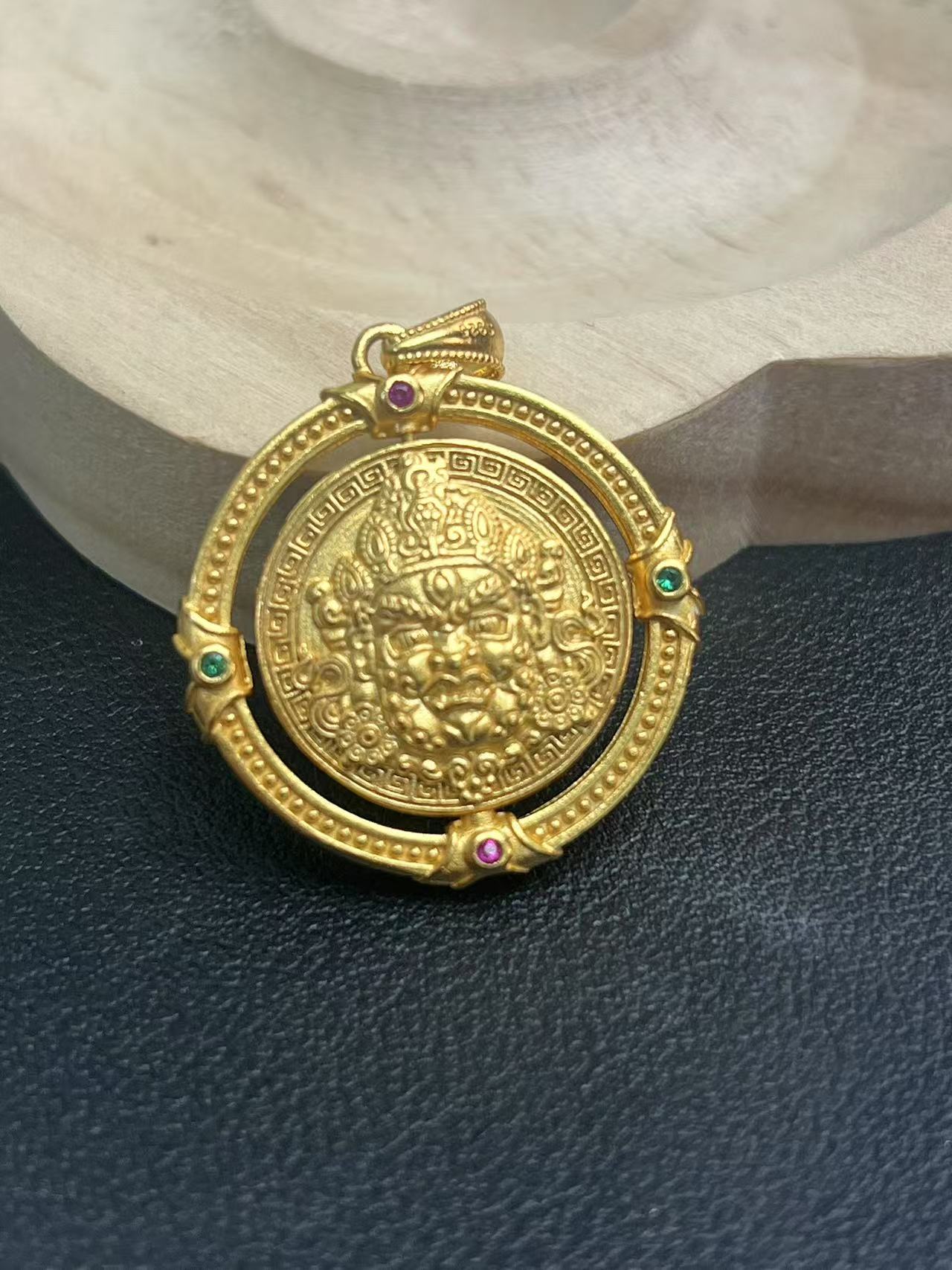 吊坠925银 80号-古法银镀金旋转黄财神圆牌吊坠