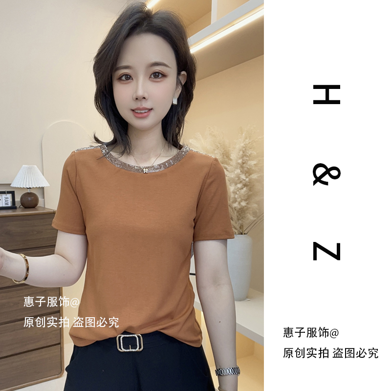 【惠子服饰】欧货2025夏季新款好看重工烫钻圆领短袖女薄款T恤衫