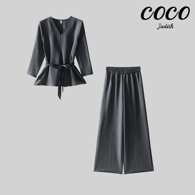 韩系时尚套装2025新款秋高级感上衣休闲裤腰带套装m612