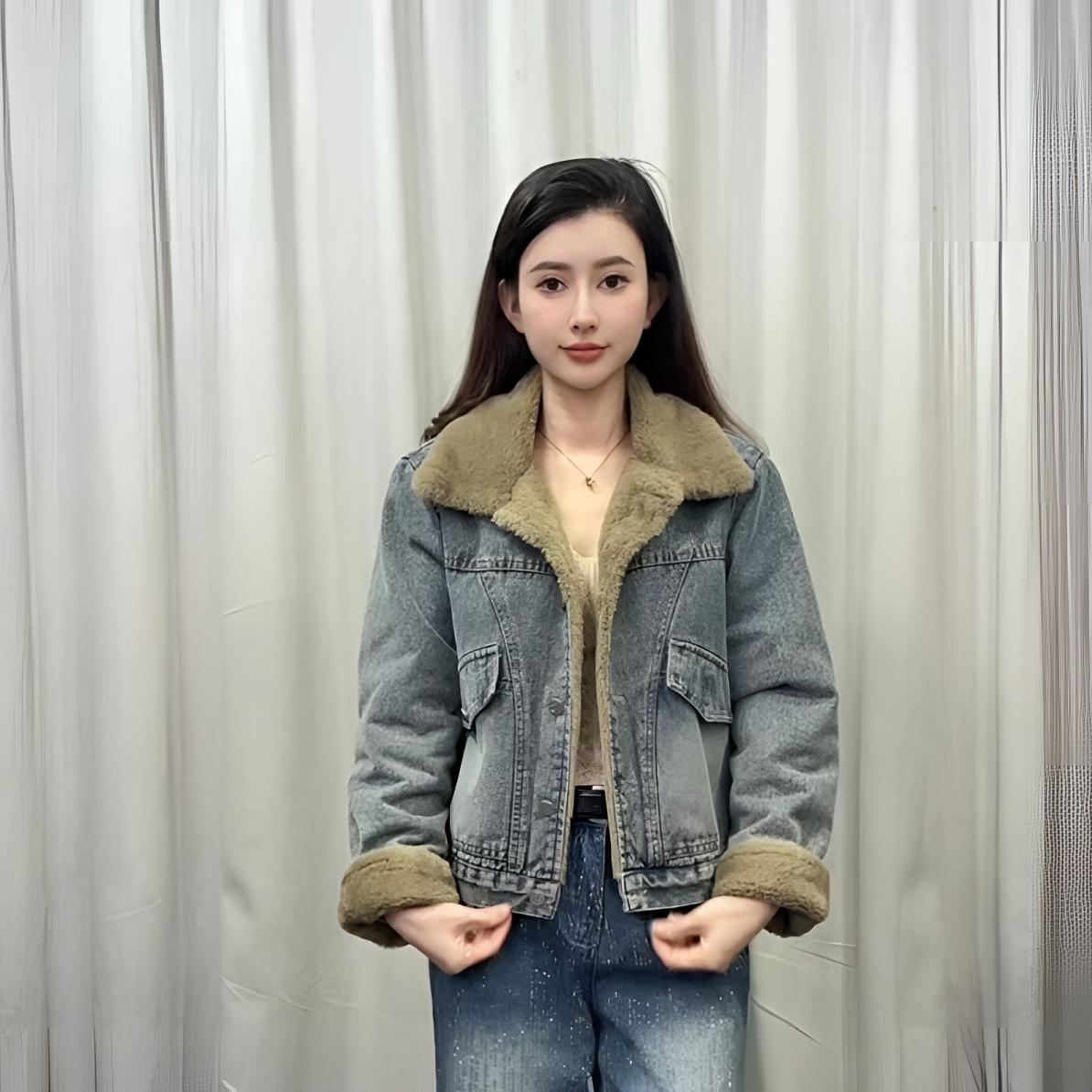 房房家高货加绒加厚冬季保暖翻领女外套上衣短款修身百搭牛仔秋冬