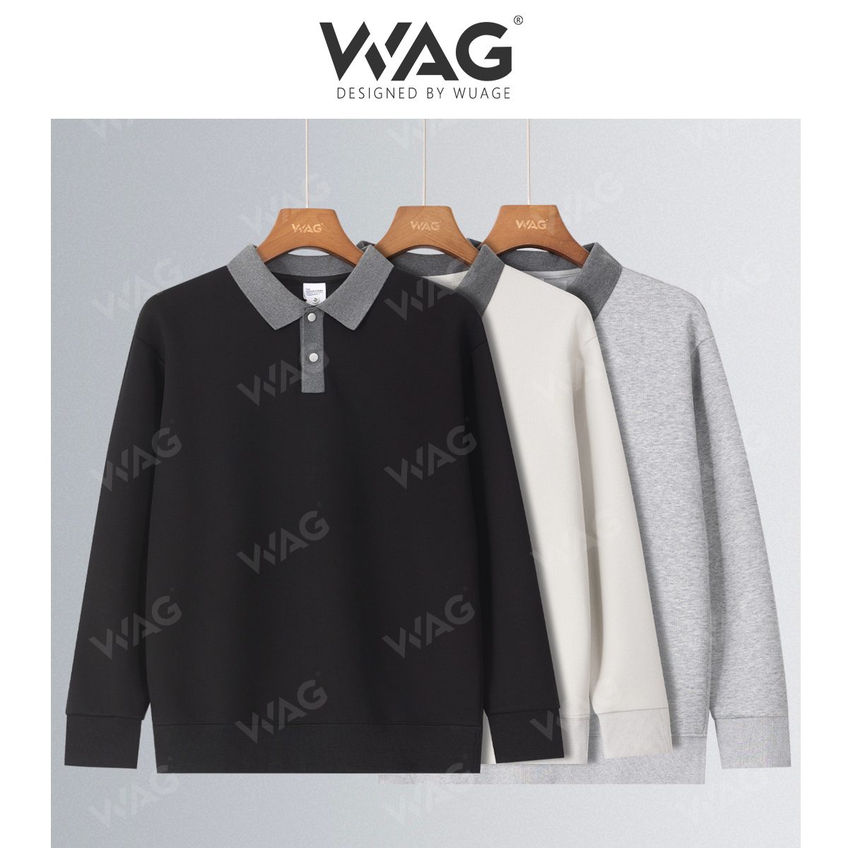 【撞色POLO领暗扣卫衣】秋季新款简约舒适休闲情侣翻领上衣-72023