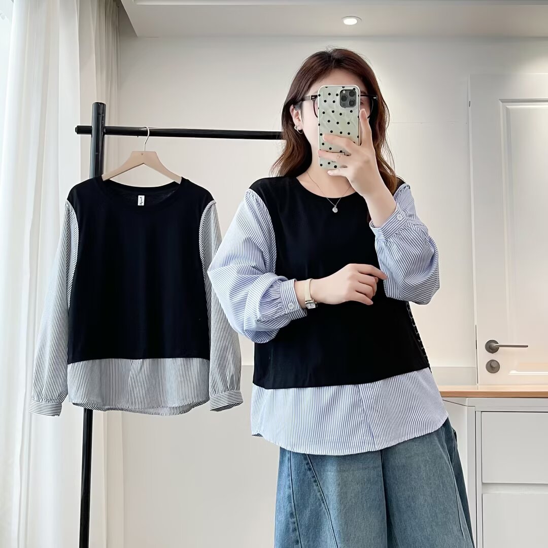 2025秋季新品胖女装韩版宽松条纹长袖拼接假两件衬衫休闲时尚1050