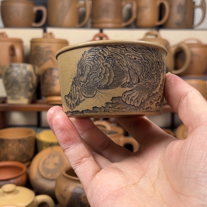 杯子紫砂微瑕疵无锦盒老虎刻绘紫砂主人杯