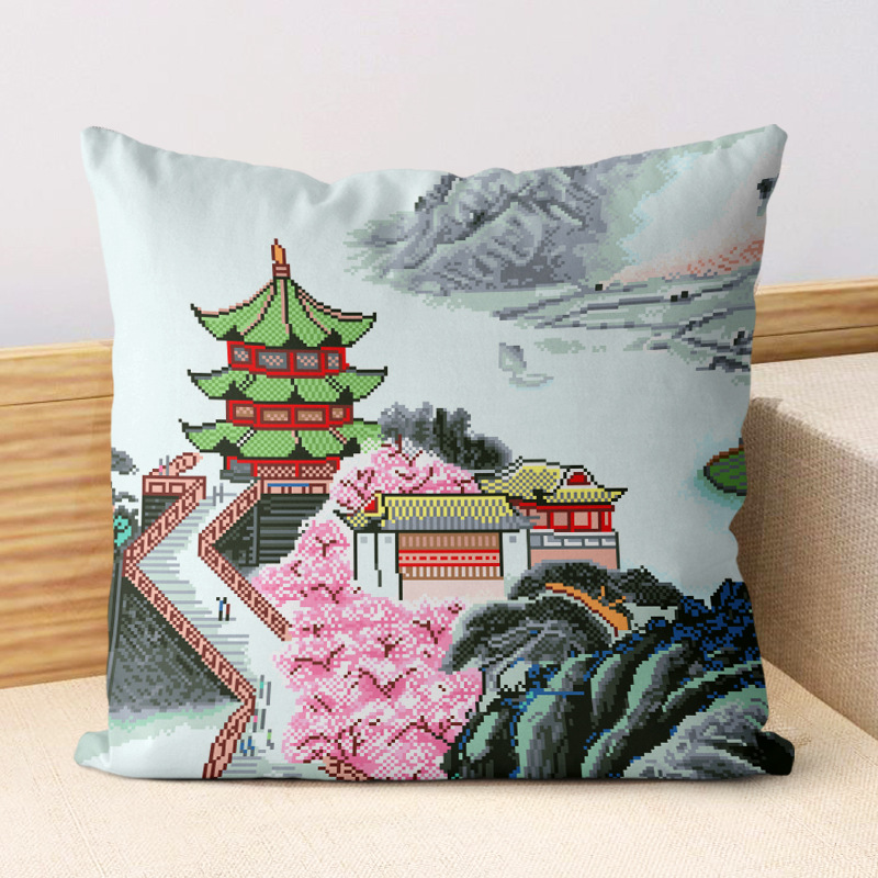 十字绣抱枕三面开口枕套2025新款线绣山水风景客厅卧室手工刺绣