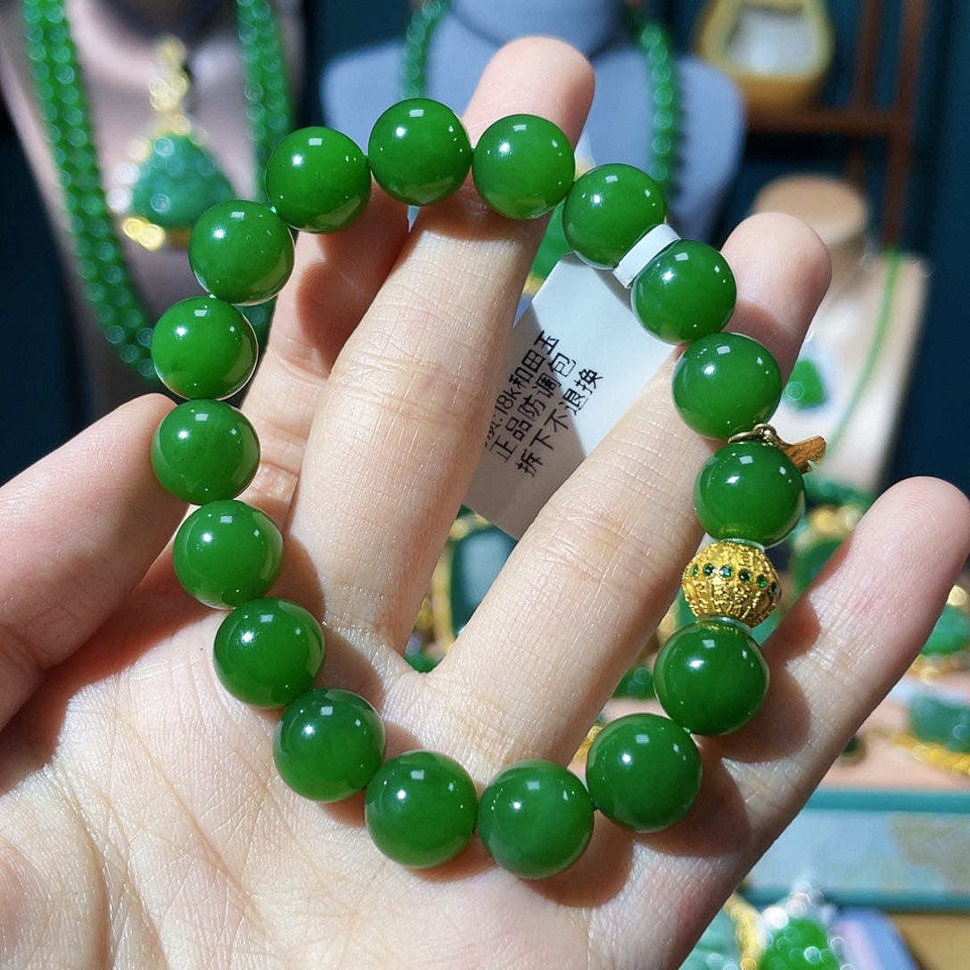 和田玉（碧玉）手串18K金镶嵌江*