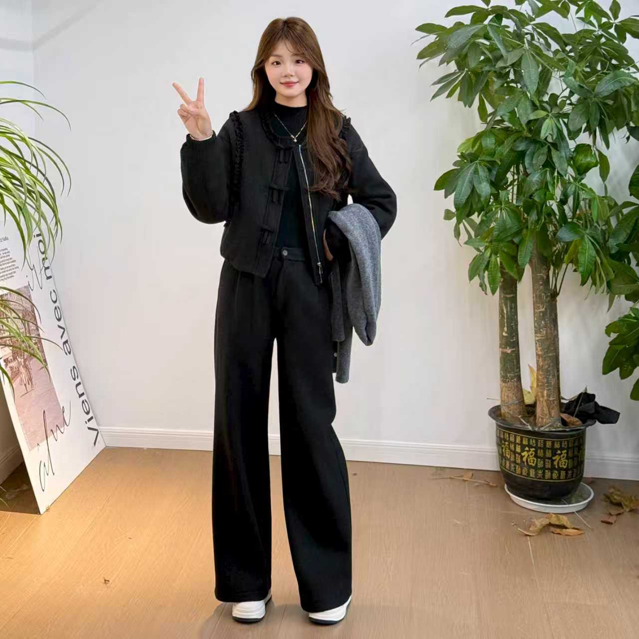 【加绒上衣裤子】冬季新款慵懒风通勤风气质韩版长款时尚套装