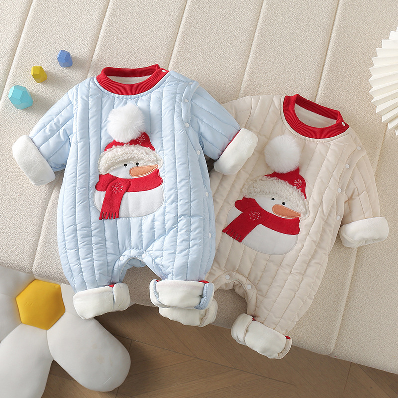 全棉时代冬款雪人可爱宝宝衣服加厚婴儿保暖连体衣爬爬服外穿温暖
