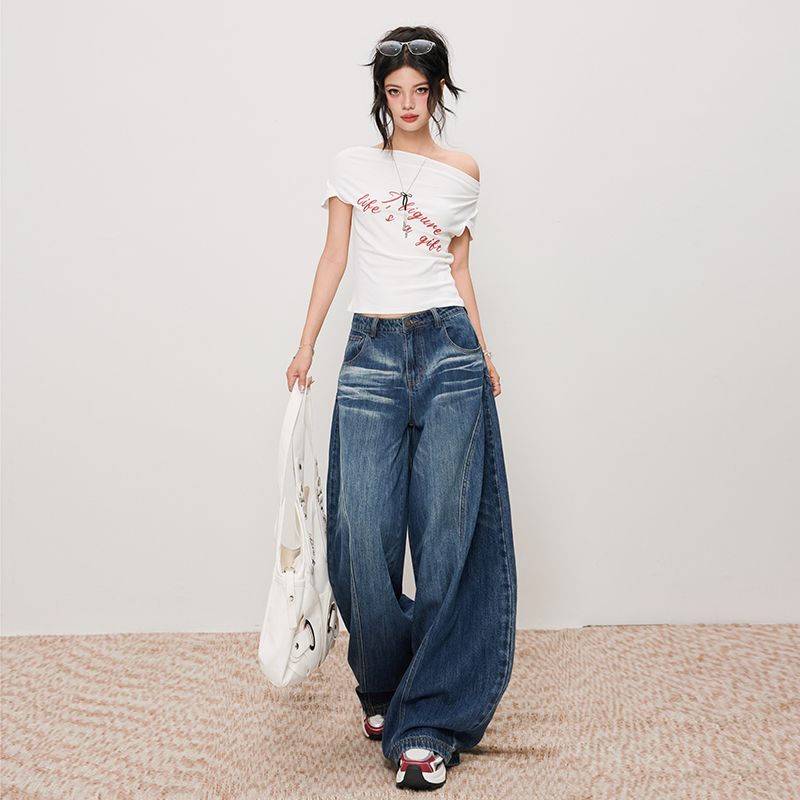 陆笙好美式高街立体裁剪廓形水洗弯刀牛仔拖地裤高腰显瘦夏季复古