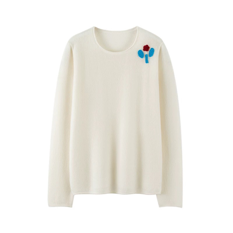 100%纯山羊绒衫减龄甜美立体花朵刺绣女圆领针织打底衫色羊绒毛衣