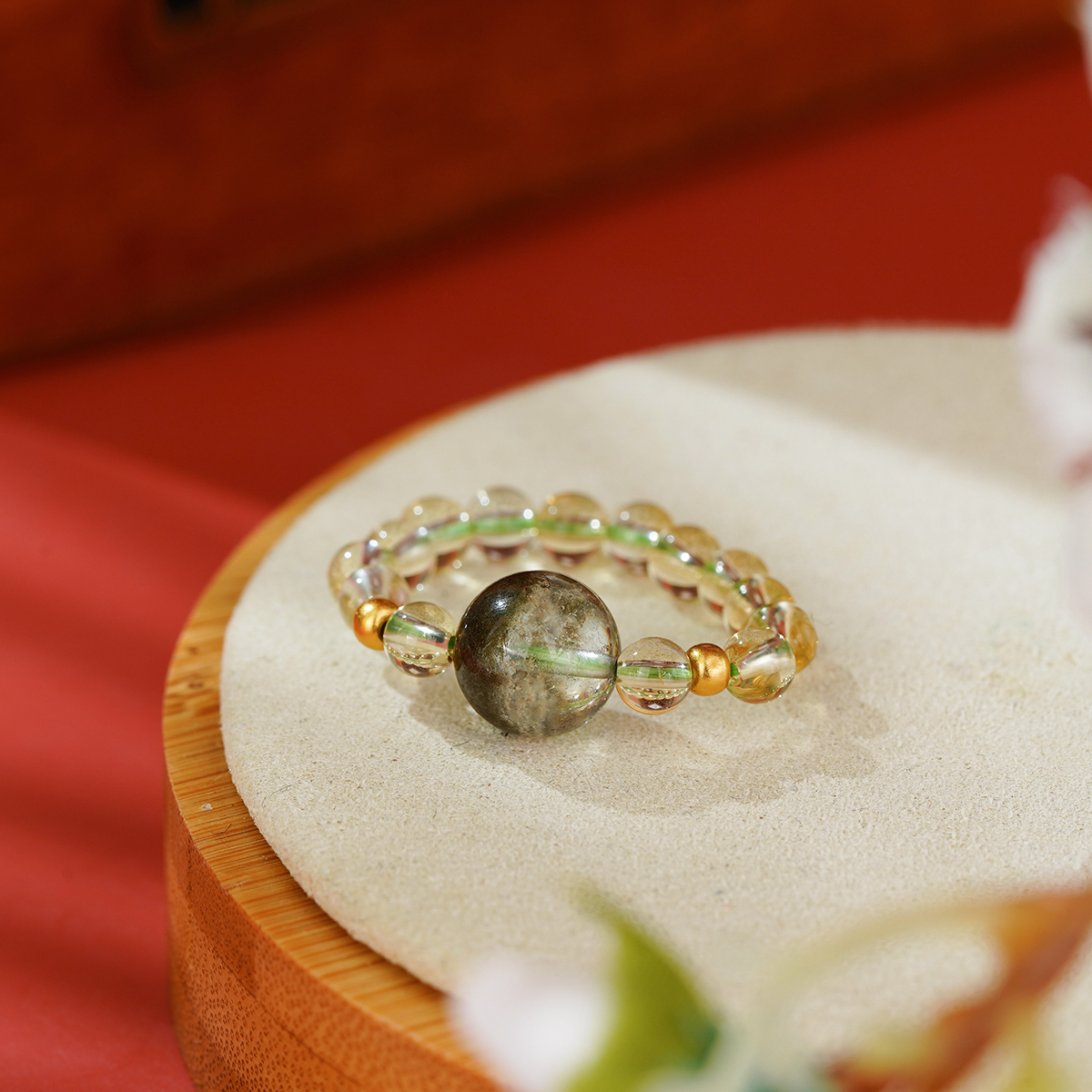 绿幽灵聚宝盆黄水晶戒指