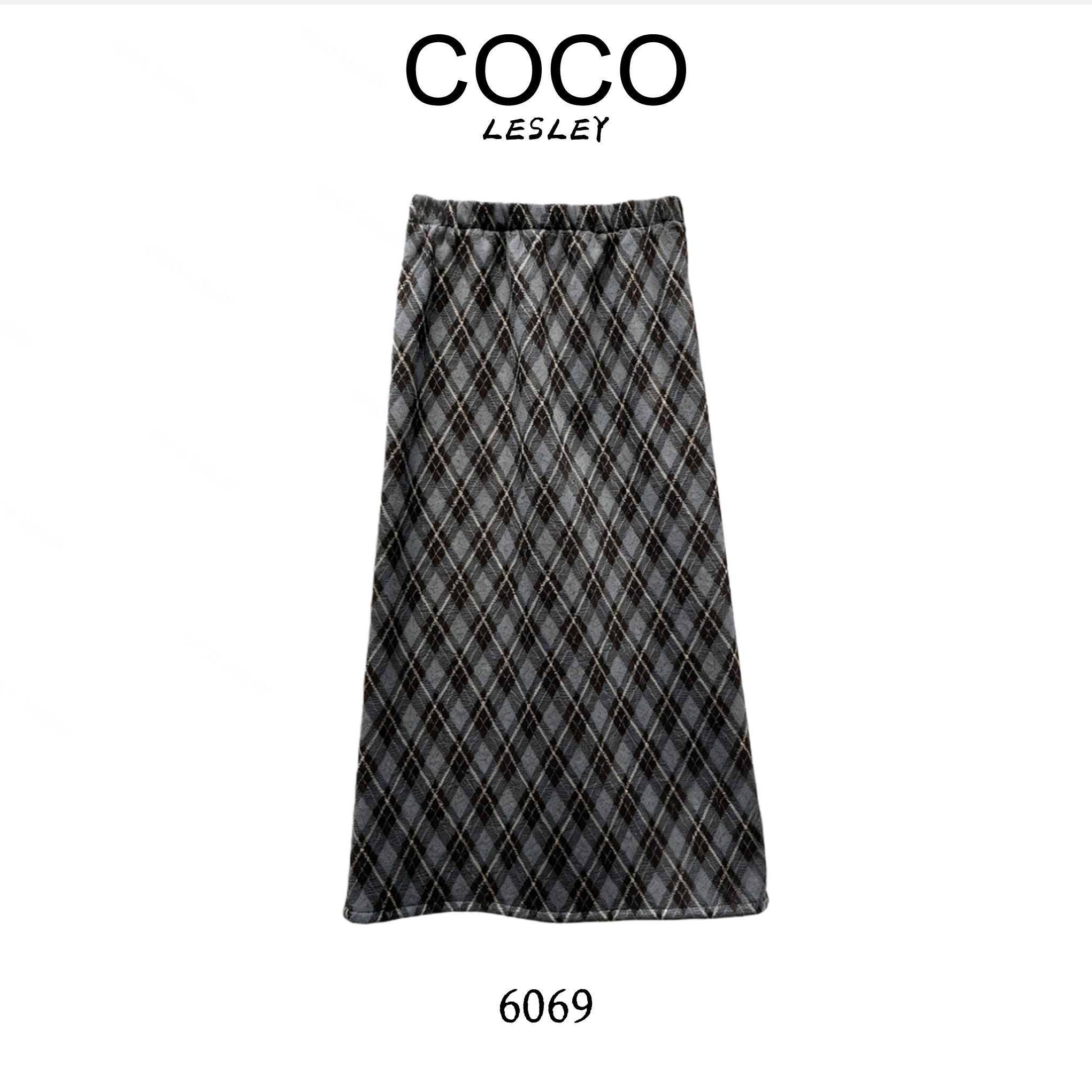 【COCO LESLEY】复古磨毛格子半身裙高腰中长款包臀后开叉直筒裙子