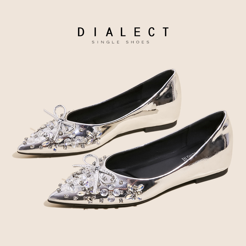 2025春夏新款韩版法式尖头水钻蝴蝶结气质百搭瓢鞋浅口内增高单鞋