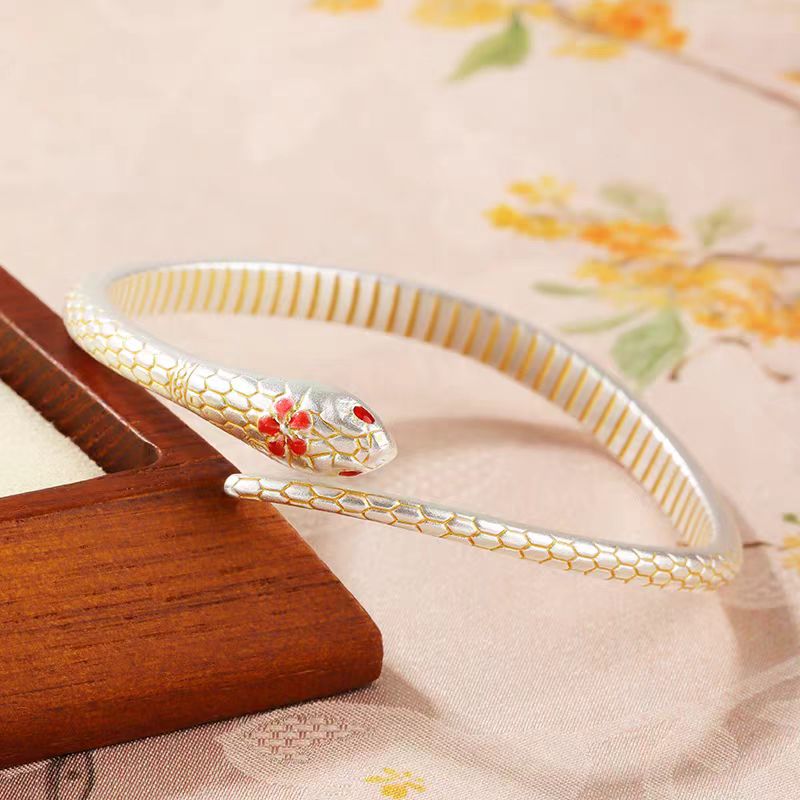 足银手镯 53号-【官方正品】描金花灵蛇【开口】999.9镀描金手镯